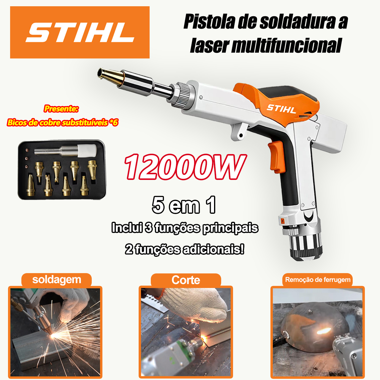 Pistola de soldadura a laser 5 em 1 de 12000 W (soldadura, corte, remoção de ferrugem, acabamento de soldadura, perfuração)