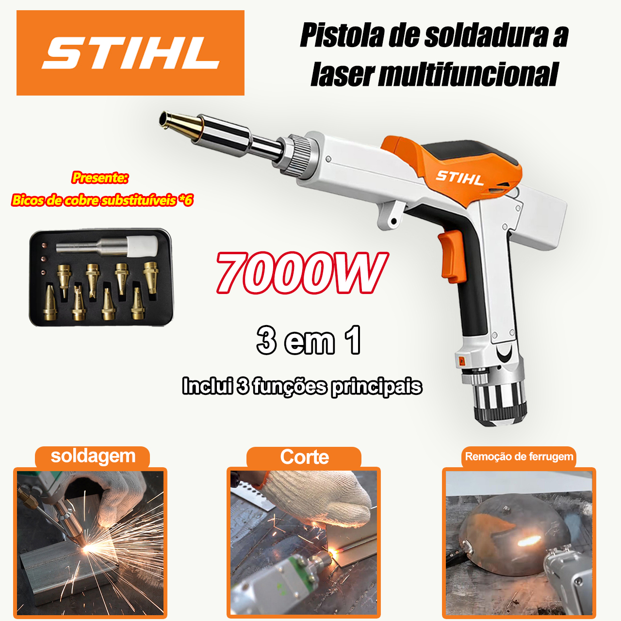 Pistola de soldadura a laser 3 em 1 de 7000 W (soldadura, corte e remoção de ferrugem)